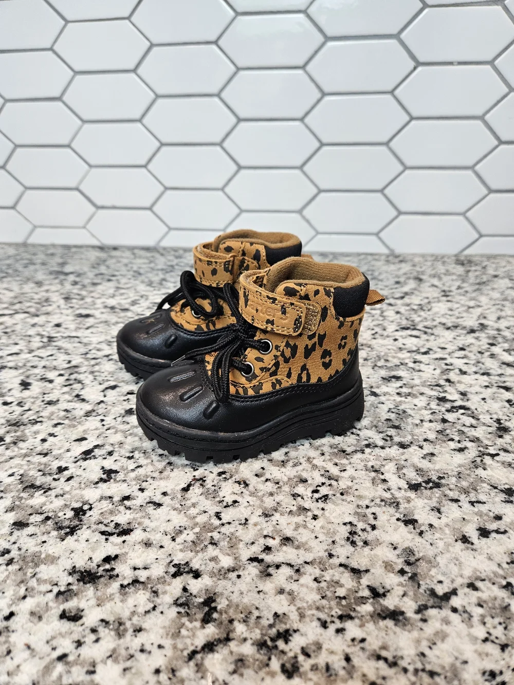 Carter's Leopard Print Tan and Black Lace-Up Baby Boots